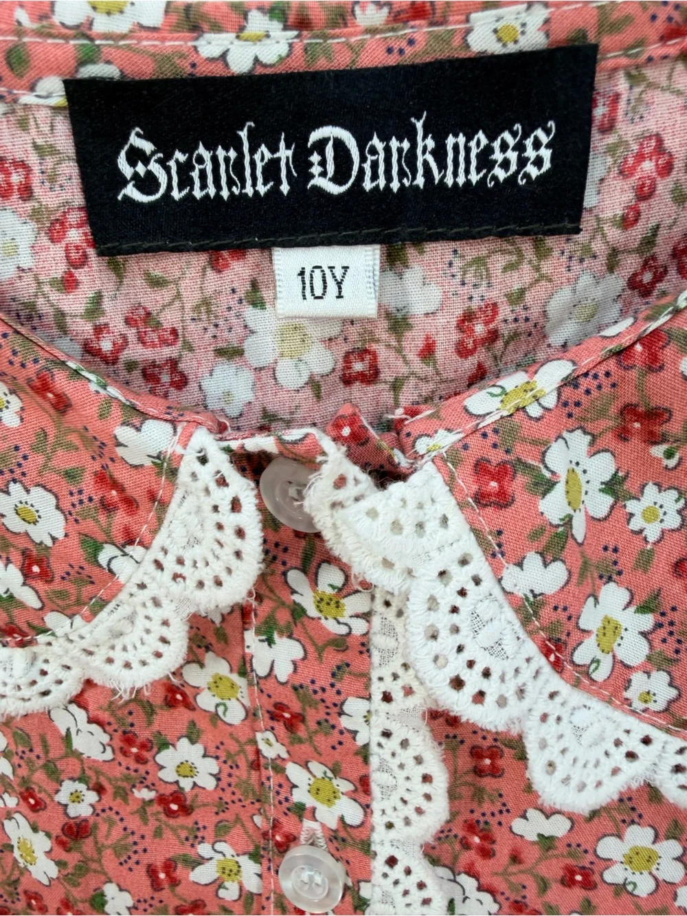 Scarlet Darkness Vintage-Style Red Floral Kids Nightgown Lace Collar Size 10Y